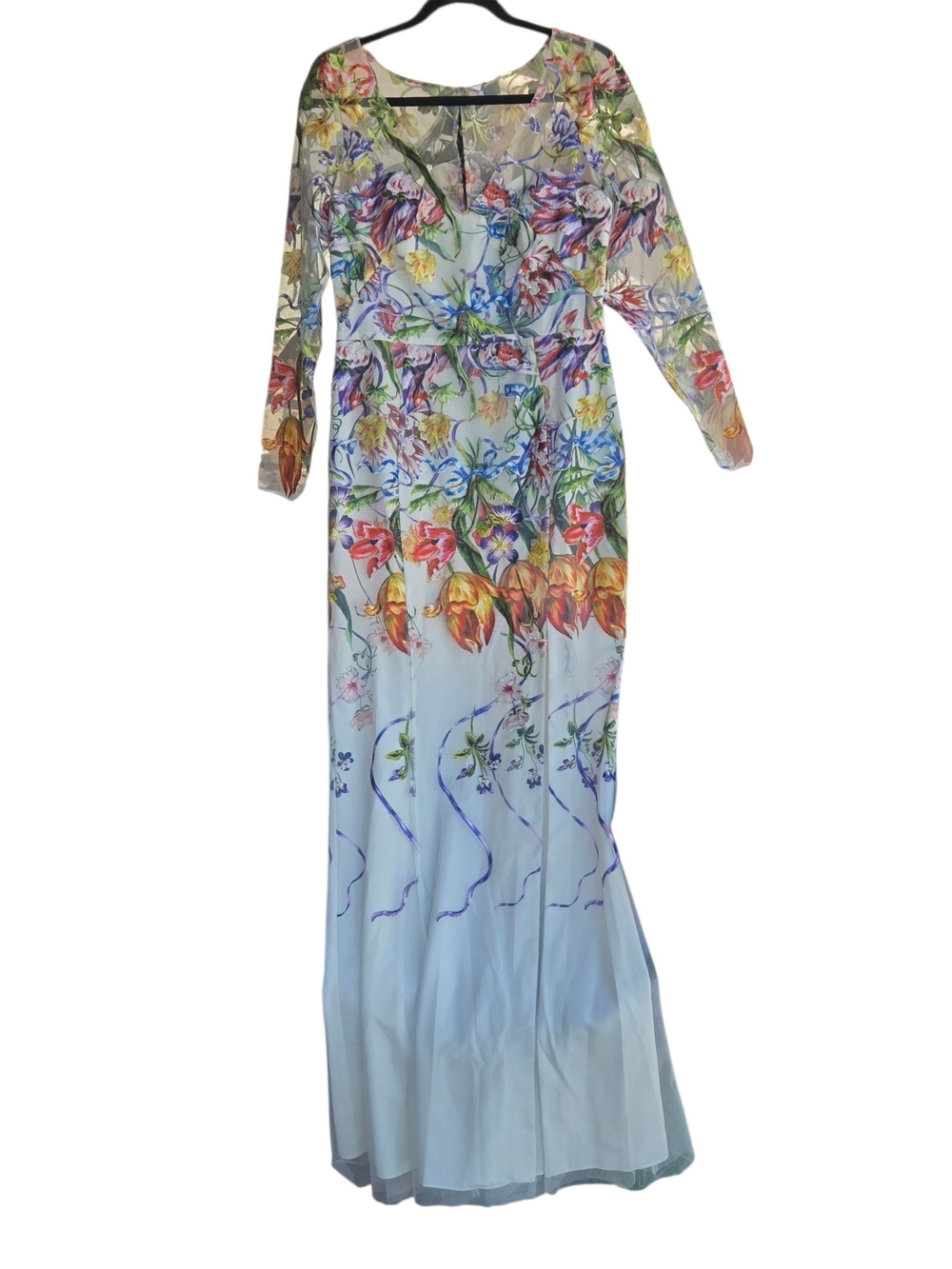 Marchesa Notte Ribbons Floral Embroidered Tulle Long Sleeve Gown Ivory Size 8